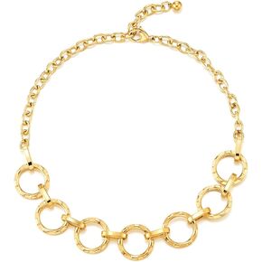 COOLSTEELANDBEYOND Trendy Gold Link Necklace for Women, Hammered Circles, Fashion Collar Statement Necklace