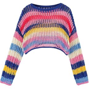 Floerns Girl's Striped Print Long Sleeve Pullover Hollow Out Crochet Cropped Sweaters