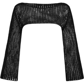 Girl's Hollow Out Crochet Knit Crop Sweater Long Flare Sleeve Boat Neck Sheer Pullovers Knitwear