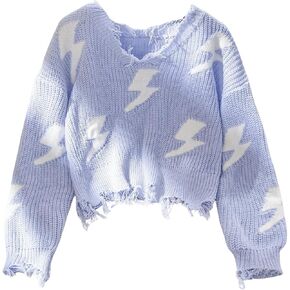 Floerns Girl's Graphic Print Long Sleeve Distressed Hem Pullover Top Raw Hem V Neck Crochet Knit Sweater
