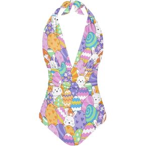 POLERO Women V Neck One Piece Swimsuit Halter Ruched Tummy Control Bathing Suit Backless Swimwear