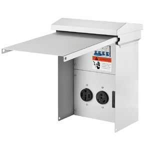 RV Power Outlet Panel with 20, 30, and 50 Amp Receptacles, Prewired and Weatherproof, Lockable Electrical Box with Circuit Breakers