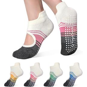 4 Pairs Grip Yoga Pilates Socks for Women ，Non-slip Yoga Athletic Socks with Grip Socks for Yoga Ballet Barefoot Workout Anti Skid
