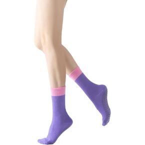 Yoga Pilates Socks with Grips for Women Non Slip Color Blocking Cushioned Crew Socks for Barre Ballet Dance