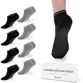 HOMSSEM Grip Socks – 8-Pairs Unisex Non-Slip Socks for Yoga, Pilates, Hospital (Black 8p)