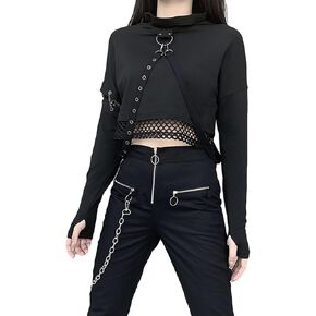 TSMNZMU Womens Gothic Crop Hoodie Punk Grunge Long Sleeve Sweatshirt Alt Mall Goth Tops Y2K Emo Mesh Shirt