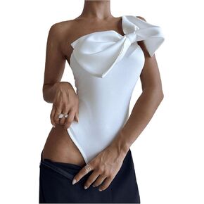 SHENHE Women's One Shoulder Sleeveless Big Bow Front Elegant Fitted Tank Top Bodysuit