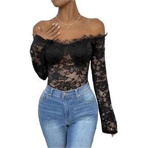 SOLY HUX Women's Lace Sheer Bodysuit Off Shoulder Long Sleeve Bodysuits Tops