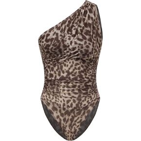 Milumia Women's One Shoulder Leopard Print Bodysuit Tops Cheetah Print Mesh Ruched Top