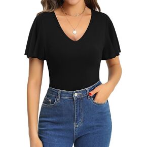 MANGOPOP Womens Deep V Neck Ruffle Short Sleeve Tops Sexy Bodysuit for Women Clothing