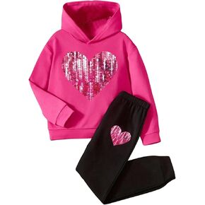 MakeMeChic Girl's 2 Piece Cute Outfit Sequin Heart Print Hooded Sweatshirt and Sweatpants Set Tracksuit