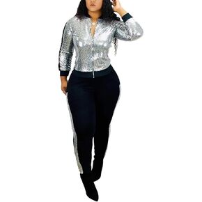 SIAEAMRG Women 2 Piece Glitter Sequin Outfits Tracksuit, Jacket Tops Log Pants Sparkle Sweatsuit Club Wear