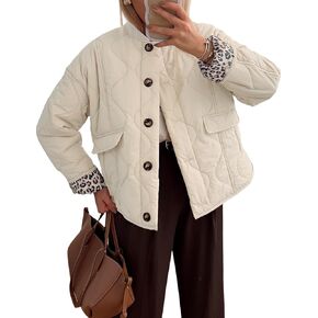 Women’s Quilted Lightweight Puffer Jacket Oversized Leopard Print Lined Jacket Long Sleeve Button Down Padded Coat