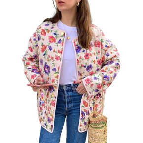 Yimoon Women's Quilted Puffer Jacket Lightweight Floral Print Padded Coat Open Front Puffy Cardigan Outwear