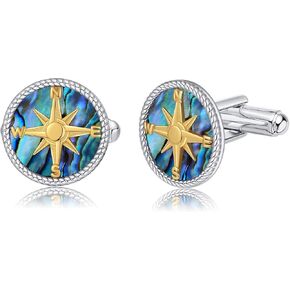 Compass Cufflinks for Men Sterling Silver Abalone Shell Cuff Links Jewelry Graduation for Men Father