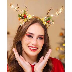 Campsis Led Christmas Headbands Reindeer Antlers Headbands Light Up Deer Hair Hoop Flower Berries Xmas Holiday Party Favors for Women and Girls