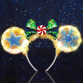 JEAIRTS Light Up Christmas Mouse Ears Headband Glow Xmas Bow Hairband Led Snowflake Star Costume Hair Accessories for Women