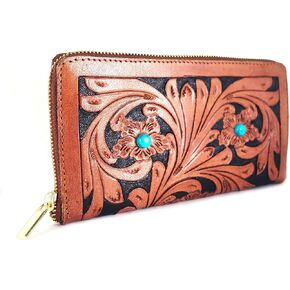 Handmade Leather Clutch Purse for Women with Zipper and Mini Cash Wallet Stylish Clutch Bag with Semi Precious Stone Detailing