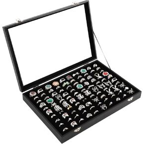100 Slots Ring Case Organizer Display Box,Rings Holder Storage Boxes for Jewelry Showcase with Glass Lid (Black Velvet).