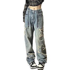 AULKEEP Womens Star Print Gradient Jeans Loose Ripped Graphic Pants Punk High Waist Bottom Jeans with Pocket