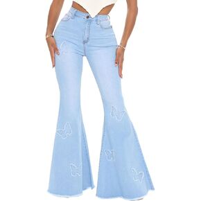 Women's Butterfly Bell Bottom Jeans Elastic High Waisted Embroidered Classic Flareed Jeans Raw Hem Denim Pants with Pocket