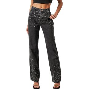 Kedera Womens High Waisted Rhinestone Jeans Straight Wide Leg Bling Denim Pants