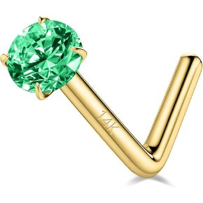 SYLWIA 14K Real Gold Nose Studs, 20g 18g L Shaped Nose Rings, Simulated Emerald Diamond CZ - 2mm 2.5mm 3mm, Hypoallergenic Corkscrew Nose Ring Piercing for Women Men