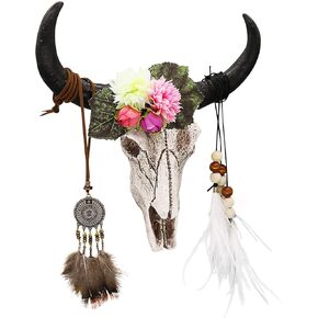 alikiki Boho Cow Skull Wall-Decor - 9.3" L Faux Bull Skull Wall Handing Resin Animal Steer Head Skull Ornament Western Bohemia Room Ideas Decorations