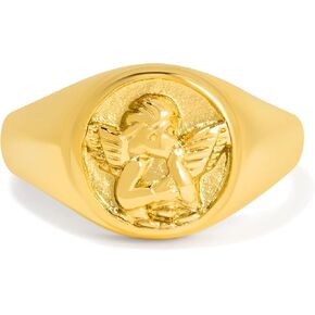 Gold Chunky Signet Stackable Pinky Ring for Women Men, Guardian Angel Cherub, Tarnish-Resistant 18K Gold Plated Stainless Steel Size 3 4 5 6 7 8 9 10 11