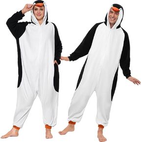 Spooktacular Creations Adults Unisex Pajama, Penguin Hooded Jumpsuit Costume with Hat, Penguin Zip-Up Hooded Sleepwear for Halloween Cosplay Costume,S