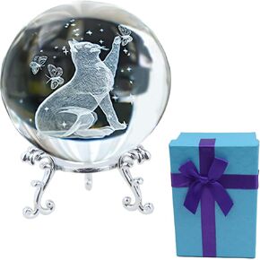 3D Cat Crystal Ball for Christmas Figurine Glass Laser Engraved 60mm Cat Crystal Ball with Stand Decorative Sphere Glass Ball Paperweight Art Crystal Cat Gifts for Cat Lovers Women 2.5in Clear