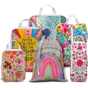 6 Set Compression Packing Cubes for Travel,Bohemia Packing Cubes for Suitcase Luggage Organizer Bags,Travel Essentials for Carry on Backpack,Ultralight and Waterproof (colorful flowers leaves)