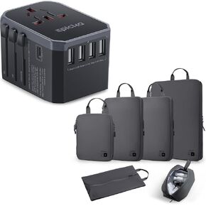 EPICKA Universal Travel Adapter - Grey, 6 Pieces Ultra-Lightweight Compression Packing Cubes - Dark Grey