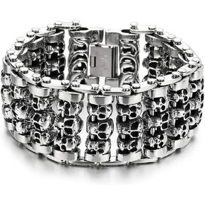 COOLSTEELANDBEYOND Heavy and Study Mens Steel Large Link Chain Motorcycle Bike Chain Bracelet with Skulls Polished