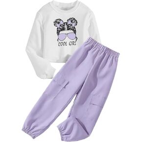 Girls Long Sleeve Sweatshirt Drop Shoulder Cute Pullover Tops and High Waist Sweatpants Jogger Pants