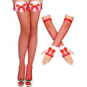 Urieo Bow Feathers Fingerless Fishnet Gloves Red Mesh Over Knee Thigh High Stockings Opera Christmas Costume Fish Net Arm Sleeve for Women