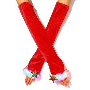 JEAIRTS Light Up Christmas Gloves Red Furry Elbow Length Velvet Glove Glowing Fingerless Xmas Holiday Costume Gloves for Women