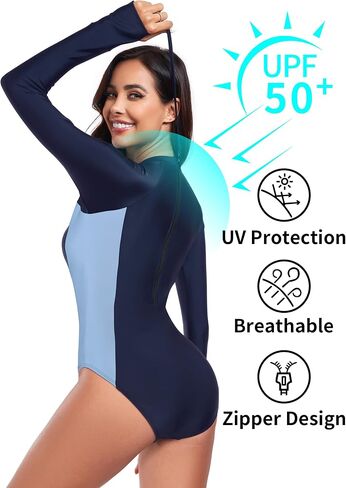 RELLECIGA Women's Long Sleeve UV Protection Rash Guard Zipper Athletic Surfing Swimwear in Saudi Arabia