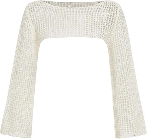 Girl's Hollow Out Crochet Knit Crop Sweater Long Flare Sleeve Boat Neck Sheer Pullovers Knitwear in Saudi Arabia