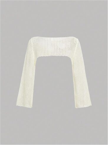 Girl's Hollow Out Crochet Knit Crop Sweater Long Flare Sleeve Boat Neck Sheer Pullovers Knitwear in Saudi Arabia