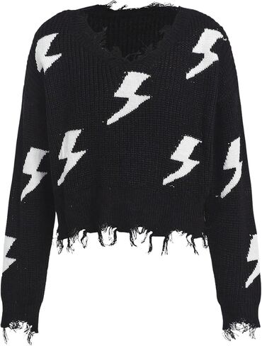 Floerns Girl's Graphic Print Long Sleeve Distressed Hem Pullover Top Raw Hem V Neck Crochet Knit Sweater in Kuwait