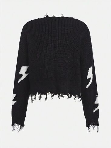 Floerns Girl's Graphic Print Long Sleeve Distressed Hem Pullover Top Raw Hem V Neck Crochet Knit Sweater in Kuwait