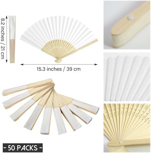50 Packs White Paper Fans Paper Hand Fan Bamboo Folding Fan Handheld Fan Paper Folded Fan Paper Fan for Wedding Party and Home Decoration in Kuwait