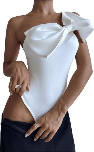 SHENHE Women's One Shoulder Sleeveless Big Bow Front Elegant Fitted Tank Top Bodysuit in Saudi Arabia