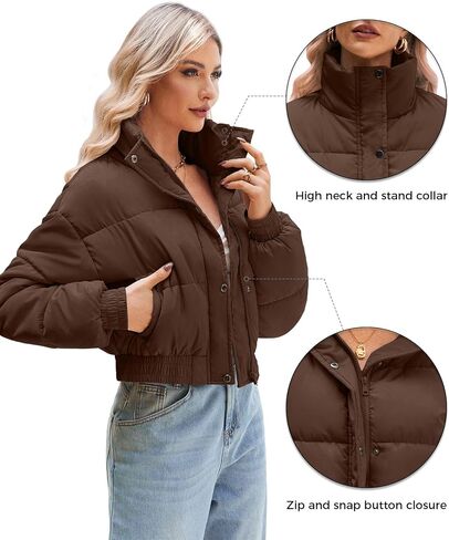 WHN Women’s Cropped Jacket Puffer Lightweight Quilted Jackets Long Sleeve Stand Collar Zipper Winter Outerwear Coat in Saudi Arabia