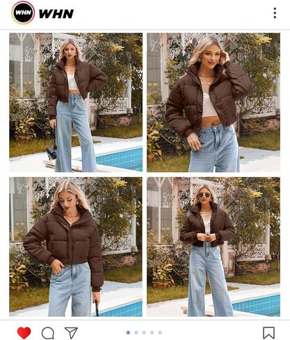 WHN Women’s Cropped Jacket Puffer Lightweight Quilted Jackets Long Sleeve Stand Collar Zipper Winter Outerwear Coat in Saudi Arabia