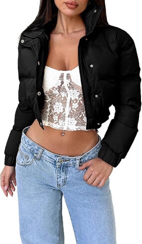 WHN Women’s Cropped Jacket Puffer Lightweight Quilted Jackets Long Sleeve Stand Collar Zipper Winter Outerwear Coat in Saudi Arabia