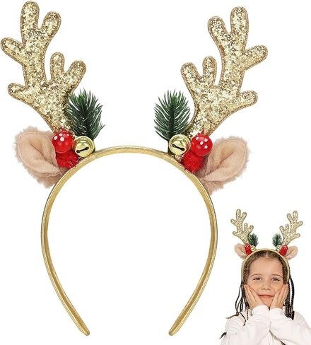 Christmas Reindeer Antlers Headband, Glitter Elk Antlers Headbands Christmas Costume Party Accessories for Women and Girls(Gold) in Kuwait