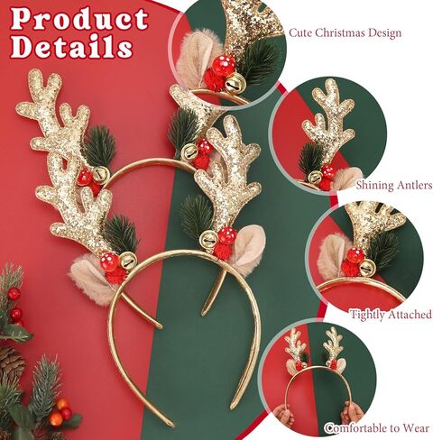 Christmas Reindeer Antlers Headband, Glitter Elk Antlers Headbands Christmas Costume Party Accessories for Women and Girls(Gold) in Kuwait