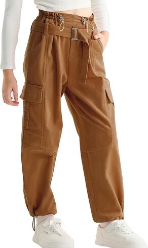 Rolanko Girls Corduroy Cargo Pants Wide Leg Cargo Trousers Streetwear Kids Pants Joggers with Pockets 4-15 Y in Saudi Arabia